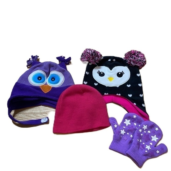 Toddler Hat Mitten Bundle Lot Owl Penguin Pink Purple Black Knit Winter - Picture 1 of 6